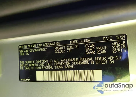 2022 Volvo S60 B5 Inscription/B5 Momentum z USA, uszkodzony, nr VIN 7JRL12FZ3NG176097